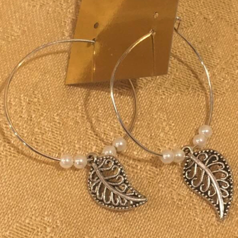 New Silver Leaf and Pearl Pierced Hoop Earrings